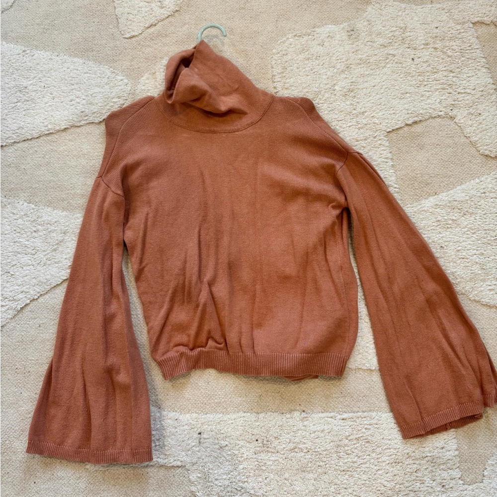 Elegant Camel Turtleneck Open Tie Back Sweater, Size Small